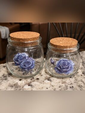 2pc set Hand Crafted Blue Rose Glass Jar with Cork Lid 3in tall